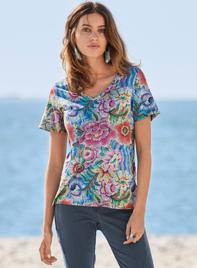 Short Sleeve Blouse for Womens Floral Print Pullover V Neck Tops Beautiful Landscape T Shirt Loose Stylish Tees
